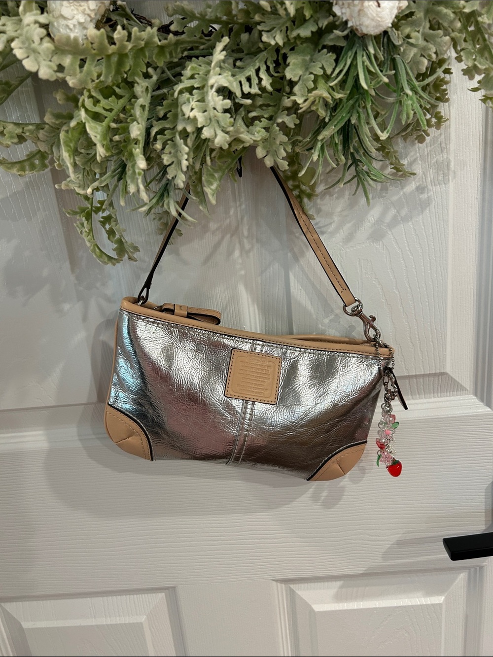Coach Metallic Silver Clutch with Tan Trim
